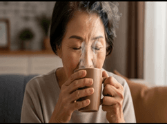 An older adult enjoying a warm drink in a cozy home setting